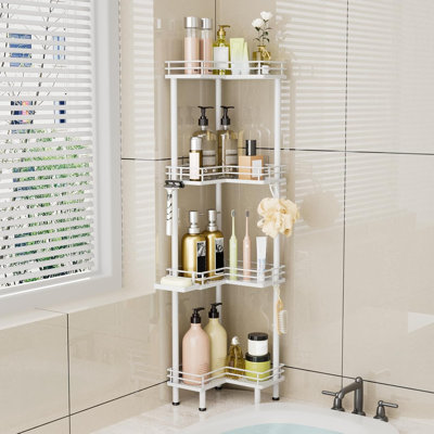 4-Tier Corner Shower Caddy Standing, Stainless Steel Shower Organizer with Soap Holder and 4 Hooks, Large Capacity Corner Shelf Stand for Bathroom