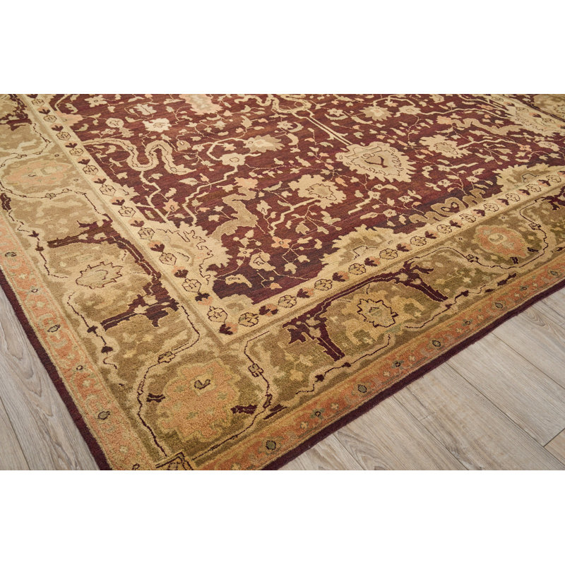 Hand-Knotted Red Floral Wool 10'6" x 14'6" Area Rug