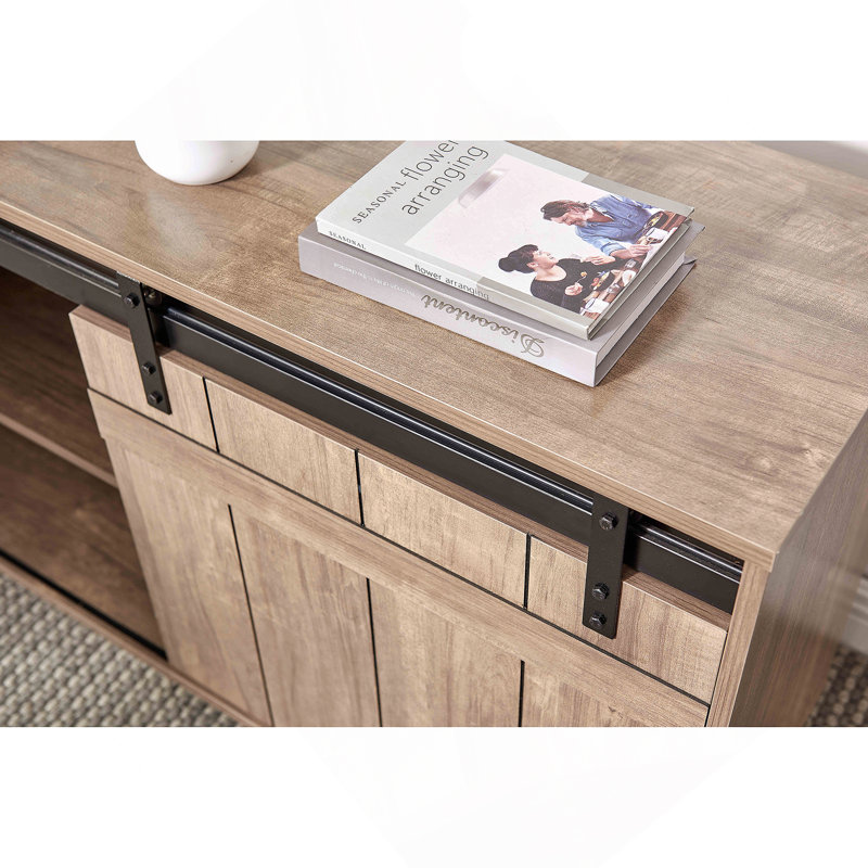 Crédence de rangement en L pour bureau à domicile avec bureau et porte de grange coulissante, Brun