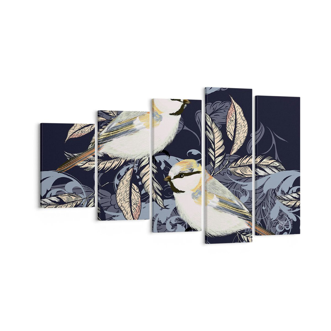 5-tlg. Leinwandbilder-Set Birds Leaves Ornament