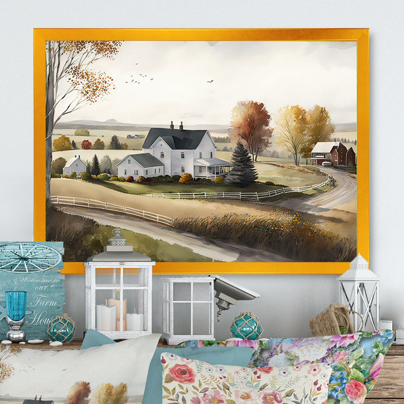 «Path To The Barn I», art mural grand paysage de grange, Cadre doré, H 16 po x l 32 po x P 1 po