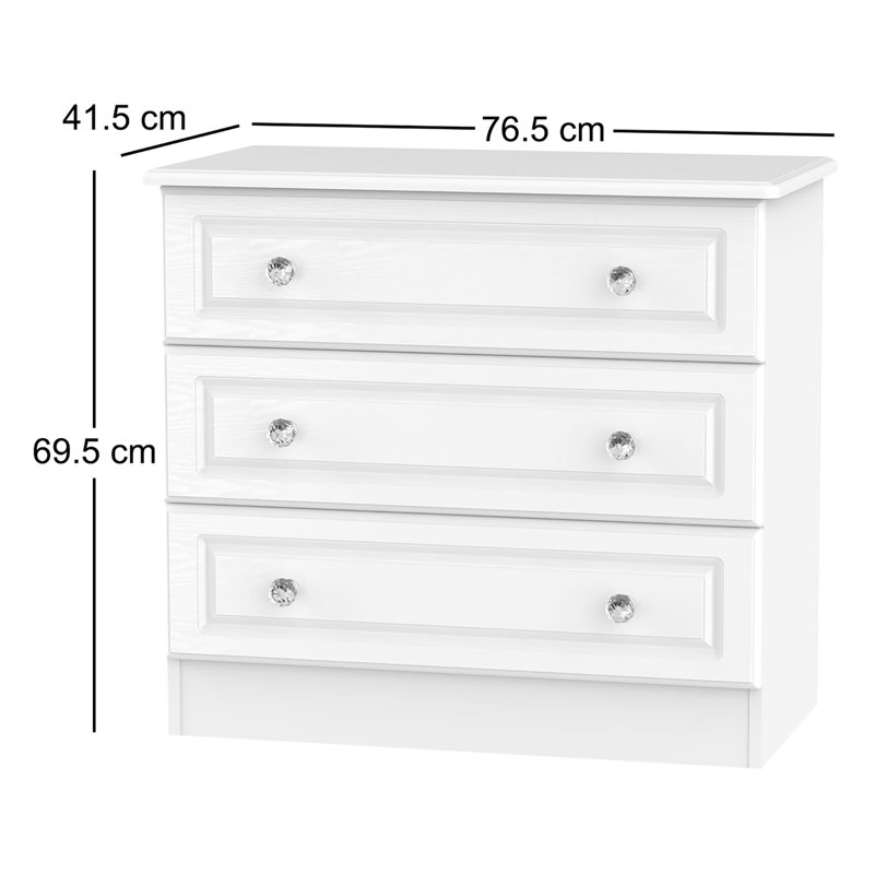 Fully Assembled Asphodèle 3 Drawer Chest, White Ash