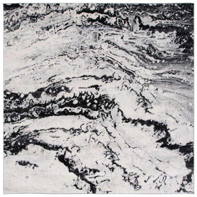 Adcock Abstract Ivory/Black Area Rug, Square 6'7"