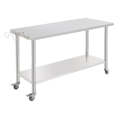 Stainless Steel Kitchen Prep Table with Caster Wheels, Commercial Heavy Duty Workbench with Hooks, Metal Table with Adjustable Height Shelf for Garage, Outdoor