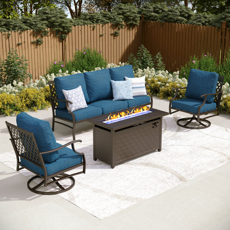 Ensemble de conversation de patio pour 5 personnes avec table de salon pivotante et table de foyer Carli, Bleu paon