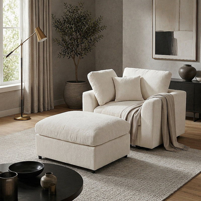Fauteuil d'appoint en chenille avec repose-pieds et structure en bois massif, Chenille beige
