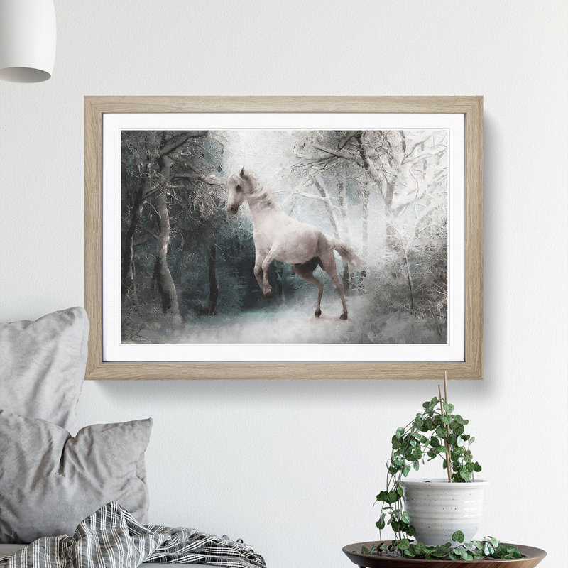 White Horse Rearing in a Winter Forest - Picture Frame Painting Print, Oak Framed, 33cm H x 45cm W x 2cm D