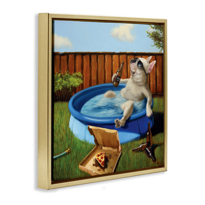 «Dog Dr potable in Summer Pool», art mural sur toile flottante par Lucia Heffernan