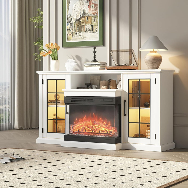 Meuble télé avec foyer blanc - console média 59 po avec foyer électrique 24 po, effet de flamme 3D, lumières DEL et rangement