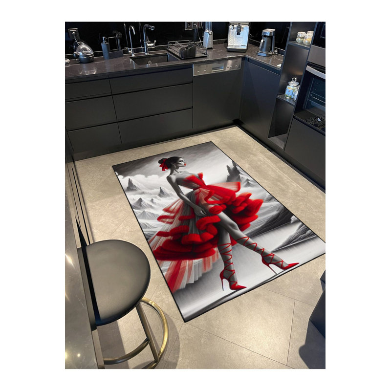Tapis rouge tissé à motif de robe rouge lavable à la machine, Sous-tapis rectangulaire 5 pi 1 po x 7 pi 7 po inc