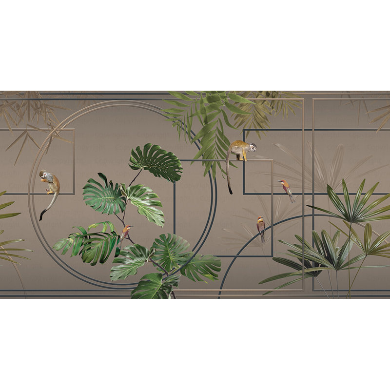 Papier peint moderne avec jungle tropicale moderne avec des singes et des oiseaux exotiques, L 118 po x l 225 po, Brun