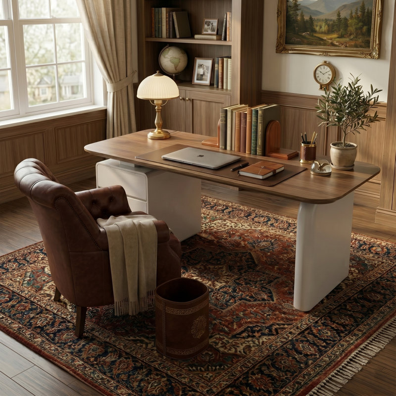 Bureau moderne avec rangement à 3 tiroirs, plateau en bois de noyer de 63 po avec base crème asymétrique pour le bureau