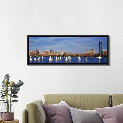 USA, Massachusetts, Boston, Charles River, View Of Boats On A River By A City by Panoramic Images - Wrapped Canvas Panoramic Gallery-Wrapped Canvas Giclée