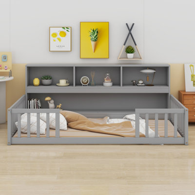 Floor Bed With Bedside Bookcase,Shelves,Guardrails
