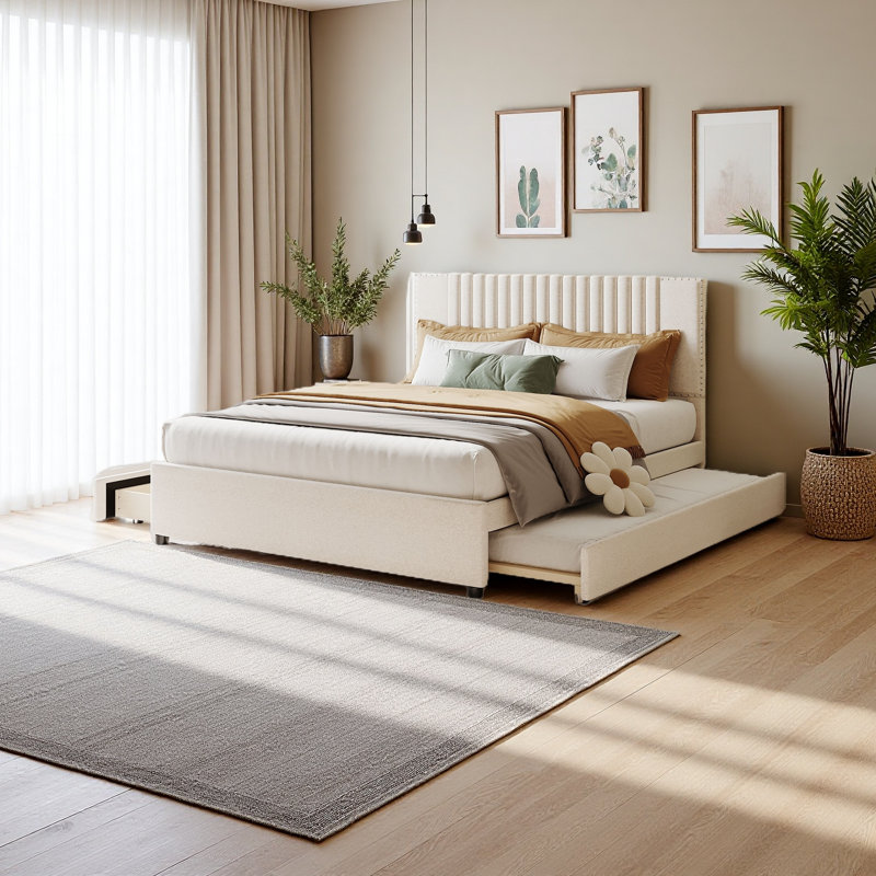Lit plateforme tapissier avec 2 tiroirs et 1 lit gigogne simple, tête de lit classique, Grand lit, Beige