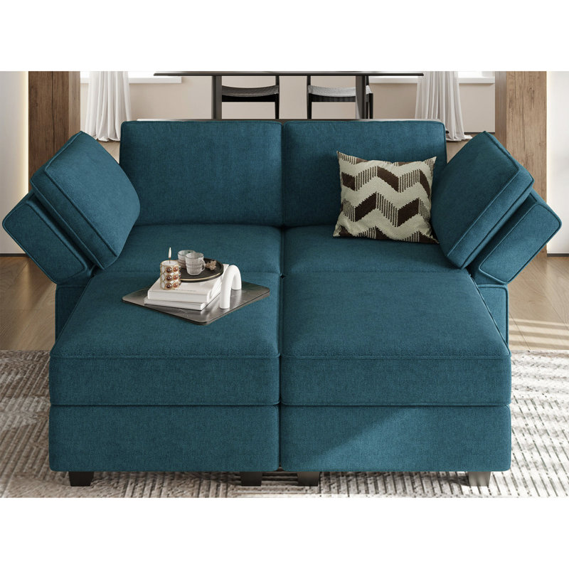 Neemi Modular Sleeper Couch Sectional Bed Sofa Convertible Set, Blue Polyester Blend