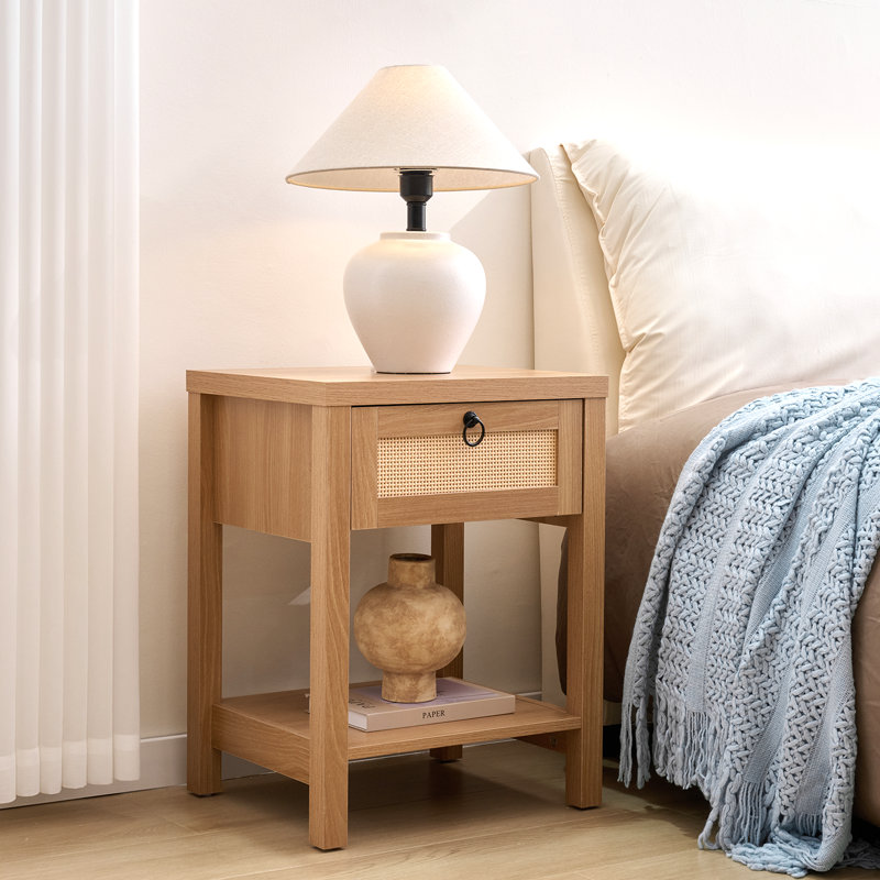 Rattan Nightstand With Drawer And Open Shelf, Boho Bedside Table, Cane Side Table For Bedroom & Living Room, Oak, Individual