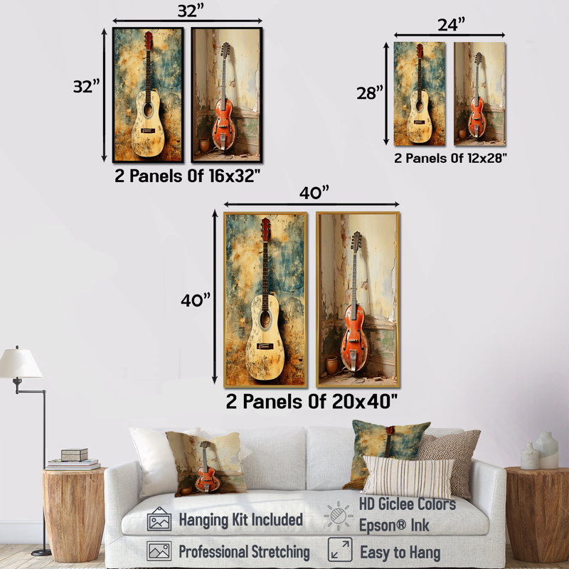 Guitare rétro Melody I - ensemble de 2 reproductions d'art sur toile, H 28 po x l 25 po, Toile tendue