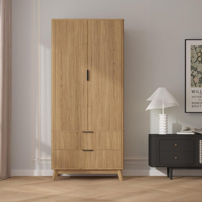 Garde-robe moderne à 2 portes et 2 tiroirs avec motif à vagues unique, organisateur de placard de chambre à coucher en MDF et armoire de rangement, chêne