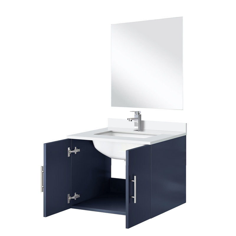 Meuble-lavabo simple bleu marine l 24 po x P 22 po, comptoir en quartz blanc, miroir et robinet 18 po