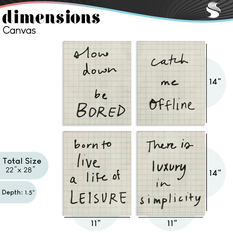 Ensemble de toiles 4 pièces "Bored Scrawl Sayings", design par Victoria Barnes, H 14 po x l 11 po