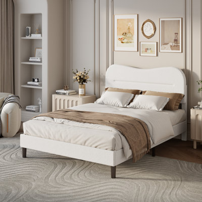 Structure de lit double avec tête de lit douce en velours Teddy, lit plateforme avec support en lattes de bois, assemblage facile, silencieux, blanc