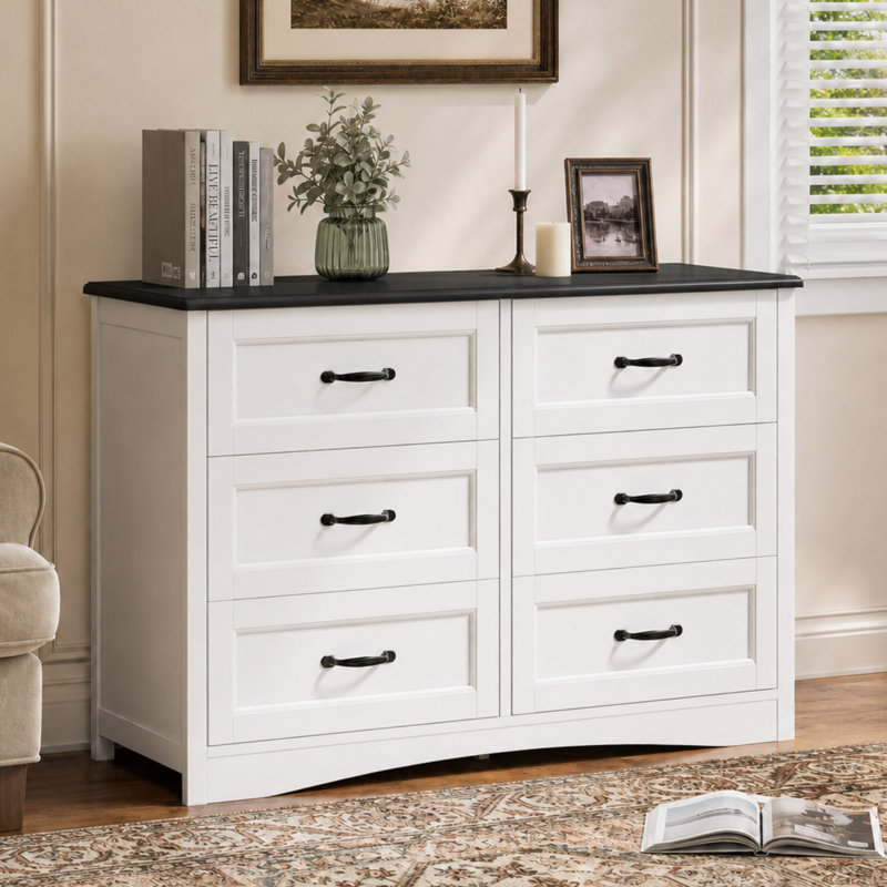 Commode double en bois moderne à 6 tiroirs l 47,2 po Migneco, Noir / blanc