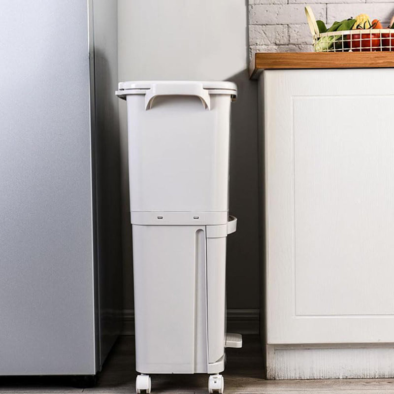 Vertical Waste Bin With Dual Compartments & Pedal – Dry & Wet Trash Separator With Wheels – Slim, Durable Recycling Container For Compact Kitchens, Homes & Workspaces