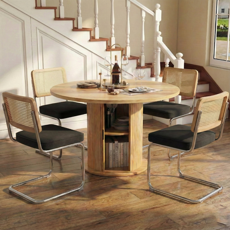 5-piece Round Pedestal Dining Set With Cane Back Cantilever Chairs, Black