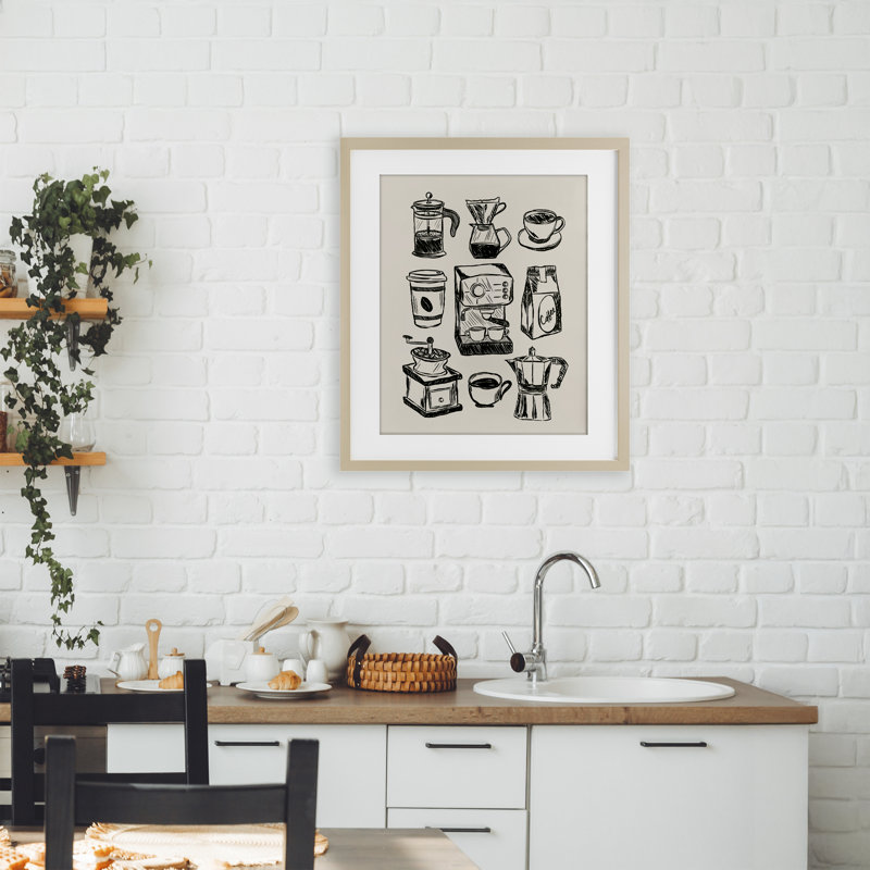 "Coffee Coffee", "Divers Brews", reproduction encadrée sous verre, conception de JJ Design House LLC, Cadre de récolte en pin