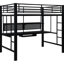 Lit mezzanine double poste de travail complet en noir, avec échelles, garde-corps et espace de travail spacieux pour lit de productivité, finition noire, plateau de rangement pour clavier