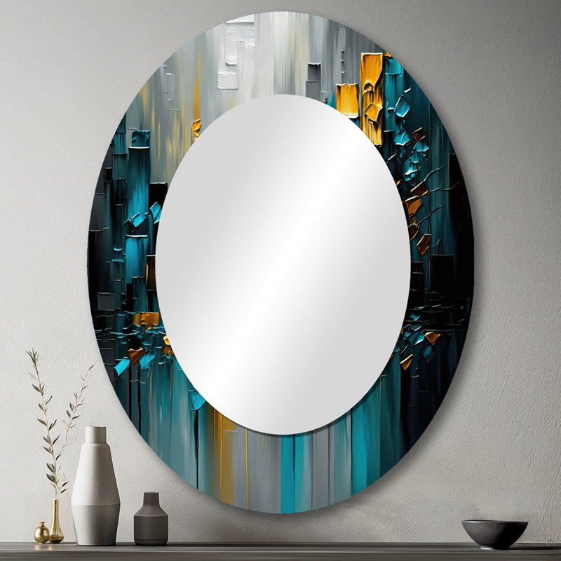 Abstrait géométrique noir et vert III - Grand miroir mural ovale sur métal, 43 po x 33 po