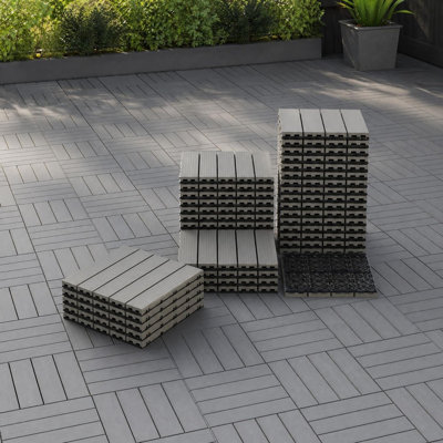 Paquet de 27 tuiles de terrasse composites emboîtables, 48 pieds carrés de plancher pour terrasse 12 po x 12 po, tuiles de terrasse imperméables pour cour arrière près de la piscine, gris foncé