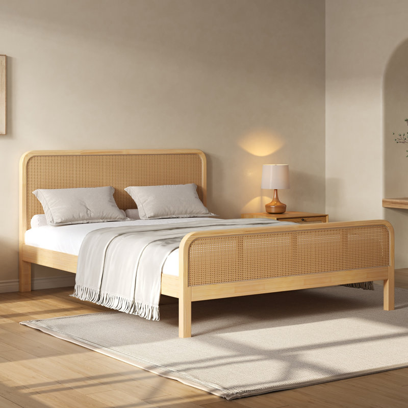 Lit plateforme moderne en rotin, cadre de lit en bois de style milieu du siècle avec tête et pied de lit en rotin tressé, lit pour chambre à coucher