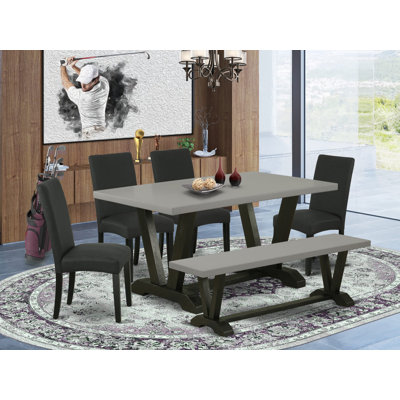 L'ensemble de table de salle à manger 6 pièces comprend une table de cuisine en ciment, un banc de salle à manger et 4 chaises rembourrées en tissu de lin noir avec dossier haut - finition noire brossée