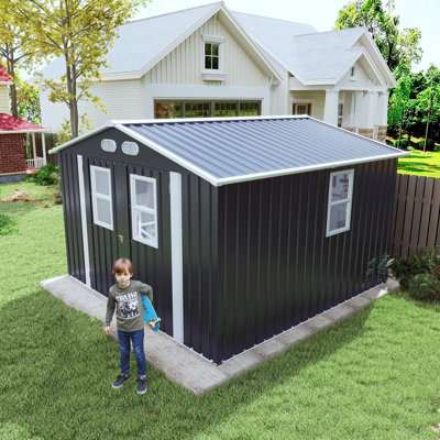 8X8 Foot Outdoor Storage Shed With Protective Film, Four Daylight Windows, Lockable Doors, Dark Gray Storage Shed.
