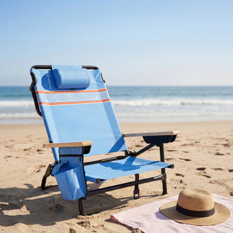  Premium Reclining Beach Chairs - Portable Lay Flat Folding Beach Chair for Adults - Includes Shoulder Backpack Strap, Pillow, 2 Pockets, and Cup Holder - Baja