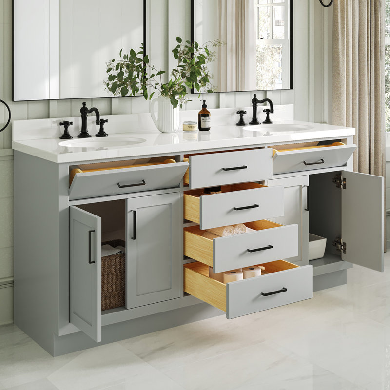 Meuble-lavabo double en bois massif 72 po Tidworth avec plateau en quartz blanc 1,5 po, Ovale, Gris