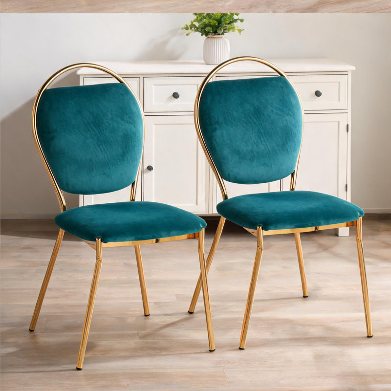 Ensemble de 2 chaises d'appoint en velours vert avec cadres en métal doré, hauteur de salle à manger contemporaine