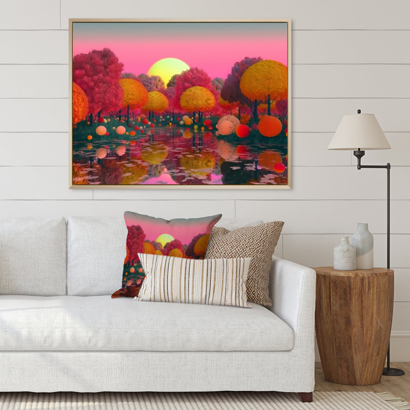 «Mysterious Asian Autumn Forest Full Moon I», reproduction sur toile, H 12 po x l 20 po x P 1 po, Cadre flottant brun