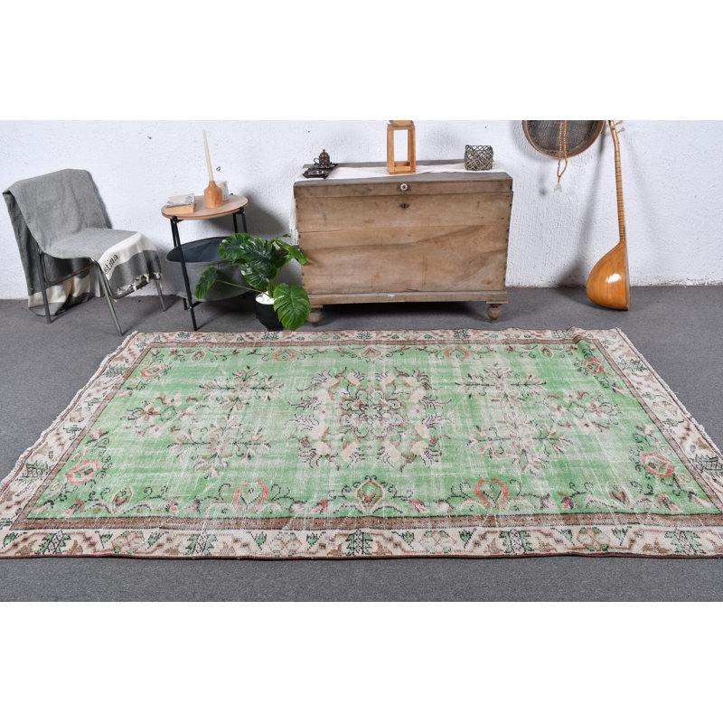 Grand tapis turc Oushak rétro avec motifs floraux éclatants - Tapis en laine vert idéal pour les salons beige / vert