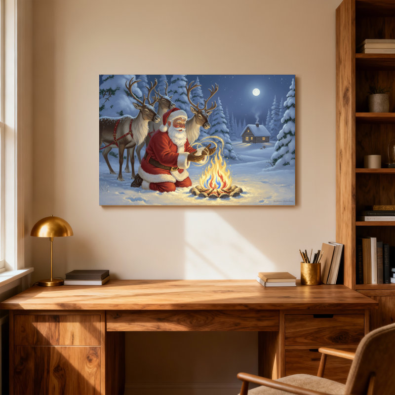 Noël père Noël renne feu de camp scène d'hiver nuit lune maison neige arbres, H 12 po x l 18 po