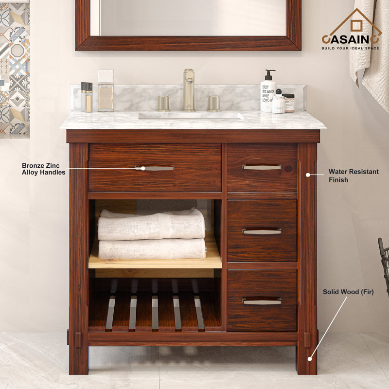Meuble-lavabo simple 36 po brun avec comptoir en marbre de Carrare et dosseret