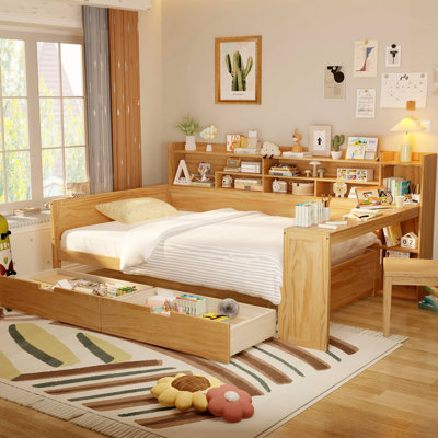 Wooden Daybed With Storage Shelves, Multi-Functional Bed With Two Storage Drawers And  Study Desk