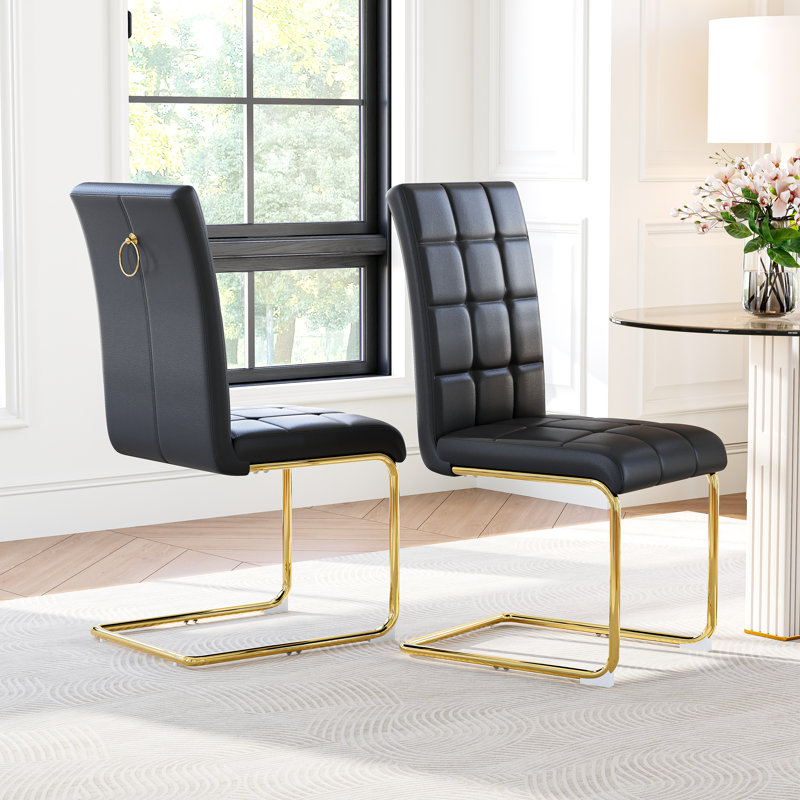 Modern Premium Faux Leather Conference Chairs with C-Shaped Tube Metal Legs and High Back, Black, Gold
