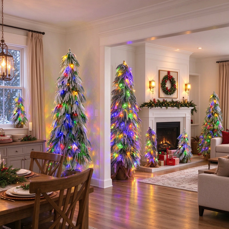 Ensemble de 6 sapins de Noël artificiels pré-illuminés et floqués – Sapins crayon artificiels de 90 cm / 135 cm / 180 cm avec 235 lumières DEL blanc chaud et multicolores, 11 modes d'éclairage et base en pot rustique en toile de jute – Décoration de Noël peu encombrante pour le salon, l'entrée et le porche