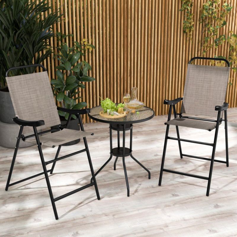 Patio Folding Bar Stool Set Of 2 With Metal Frame And Footrest, Coffee