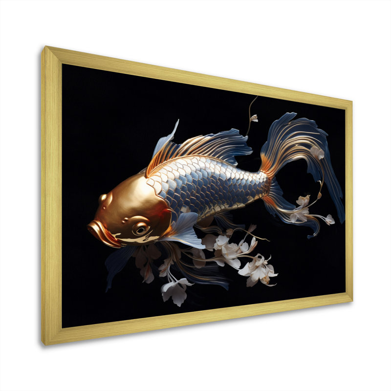 Gold Kois Fish Mysterious Shadows - Animals Wall Art Living Room, H 16 po x l 32 po x P 1 po, Encadrement doré
