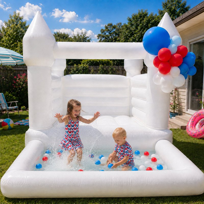 Château gonflable blanc en vinyle PVC de 2,4 m x 3 m avec piscine à balles et souffleur d'air pour fêtes et événements, Blanc
