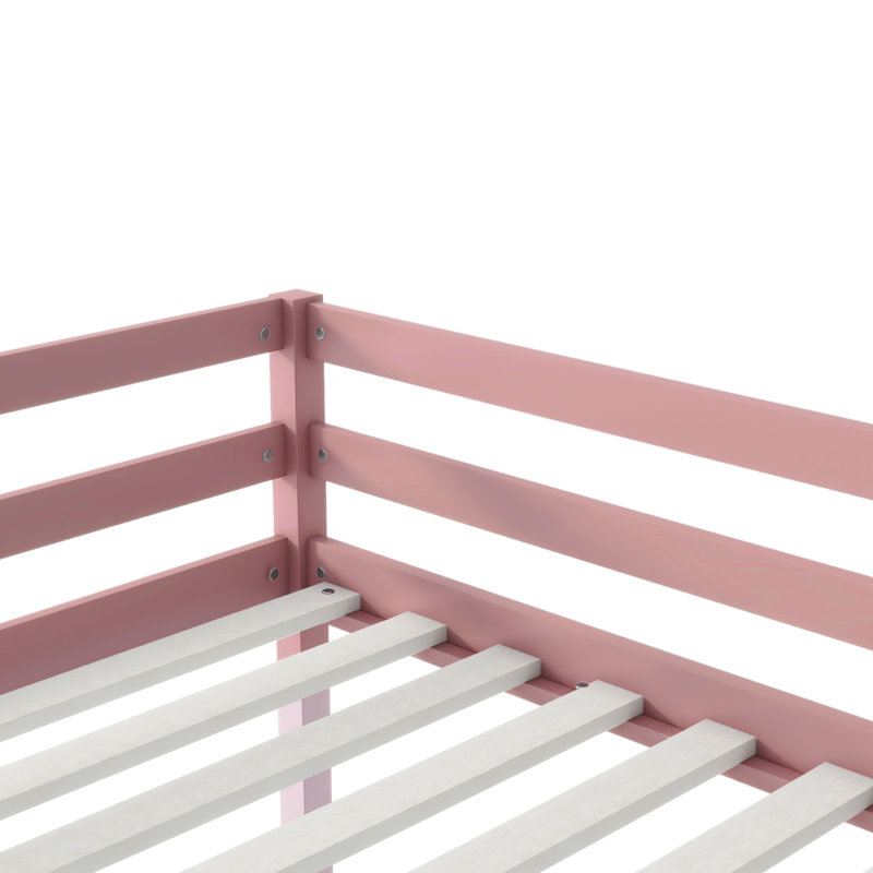 Lit mezzanine simple rose avec, en bois d'hévéa massif, 13 lattes renforcées, hauteur basse pour la stabilité et lit à lattes en bois de style chambre à coucher, rangement design